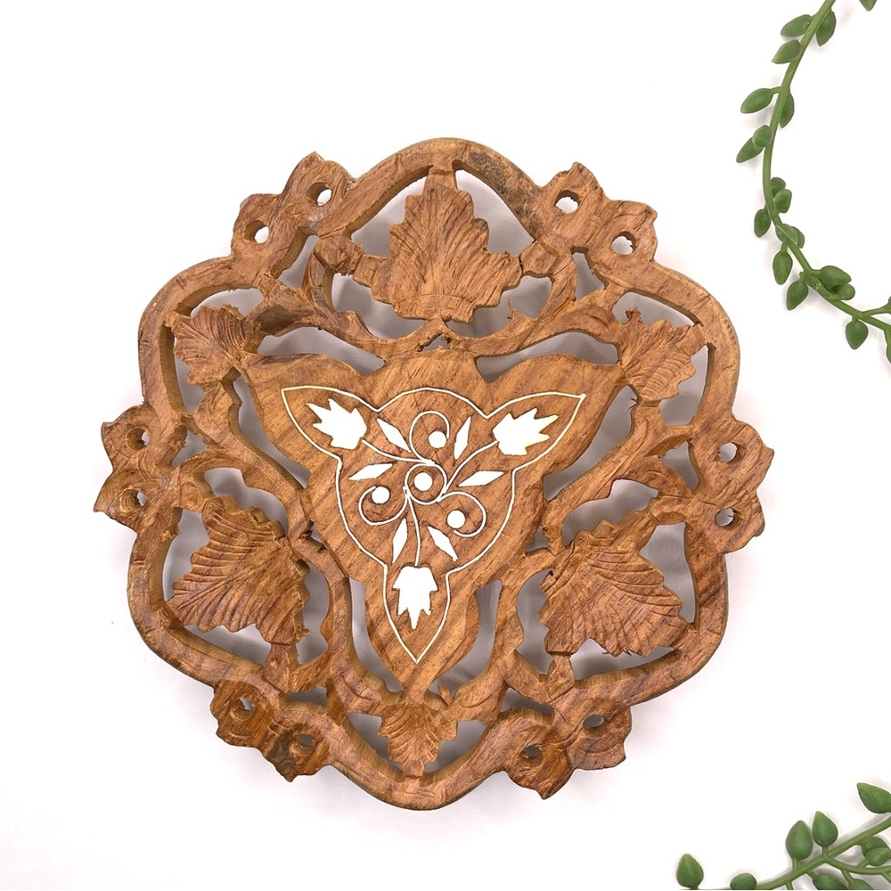 Vintage hand carved wood trivet boho farmhouse kitchen decor hot pad